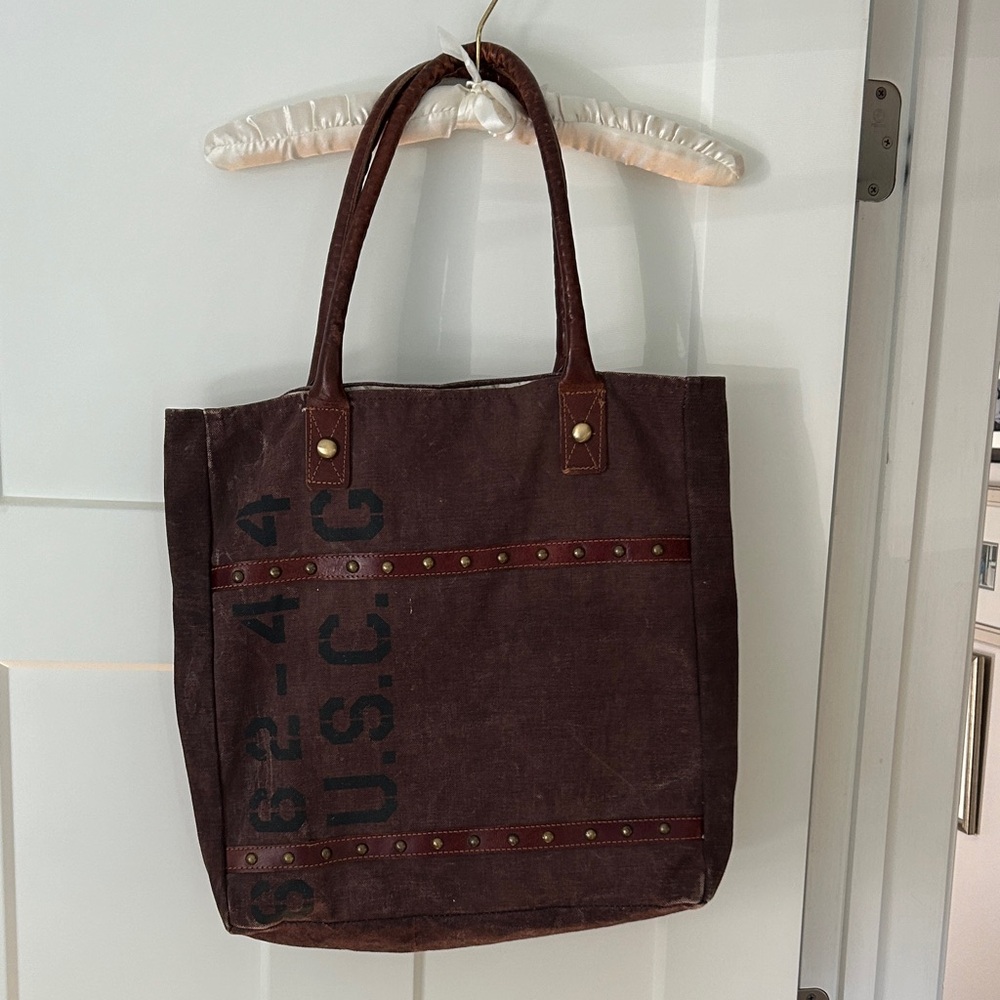 Mona B Burgundy Tote with Cream and Green print lining.